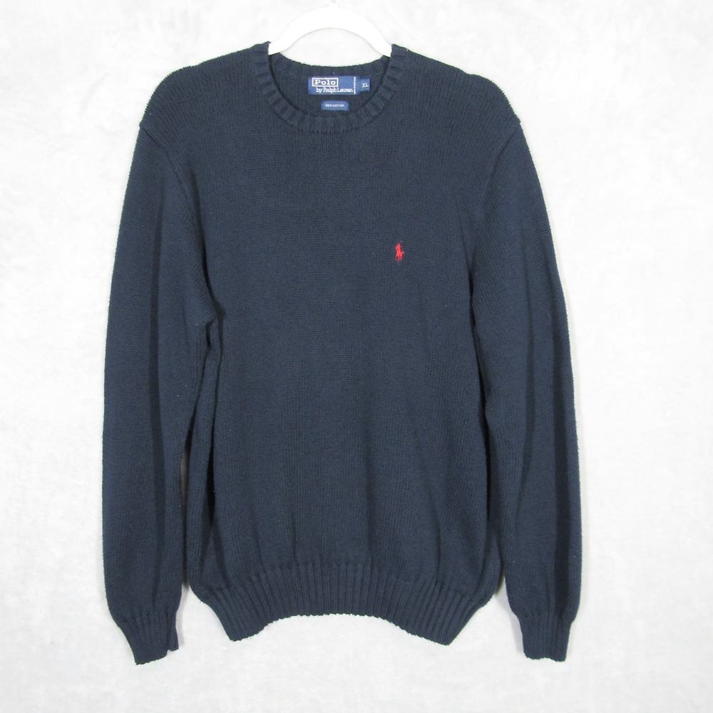 Polo Ralph Lauren Mens XL Navy Blue Cotton Crewneck Sweater Red Pony Logo Ribbed